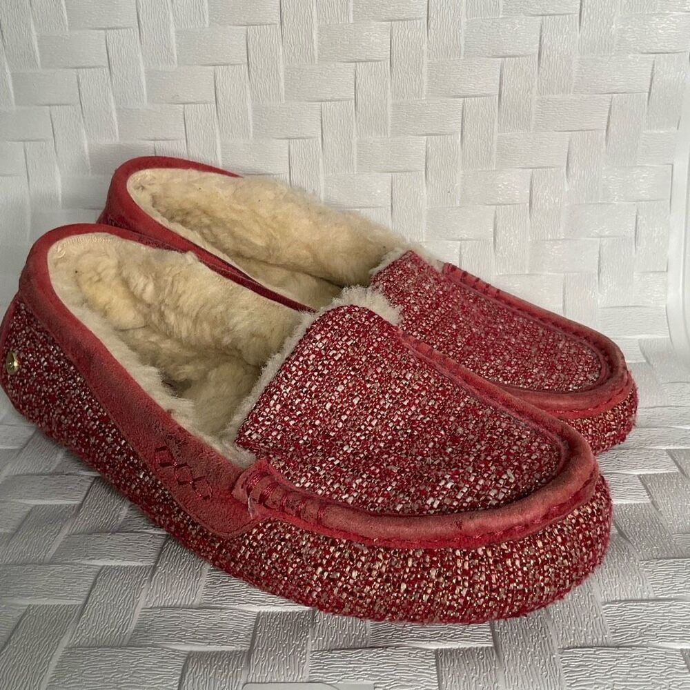 UGG Womens Size 8 Ansley Fancy Moccasin Slipper Shoes Tweed Burgundy /Silver
